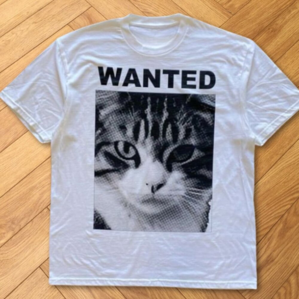 White Wanted Cat Poster Halftone Print Graphic Edgy Tee